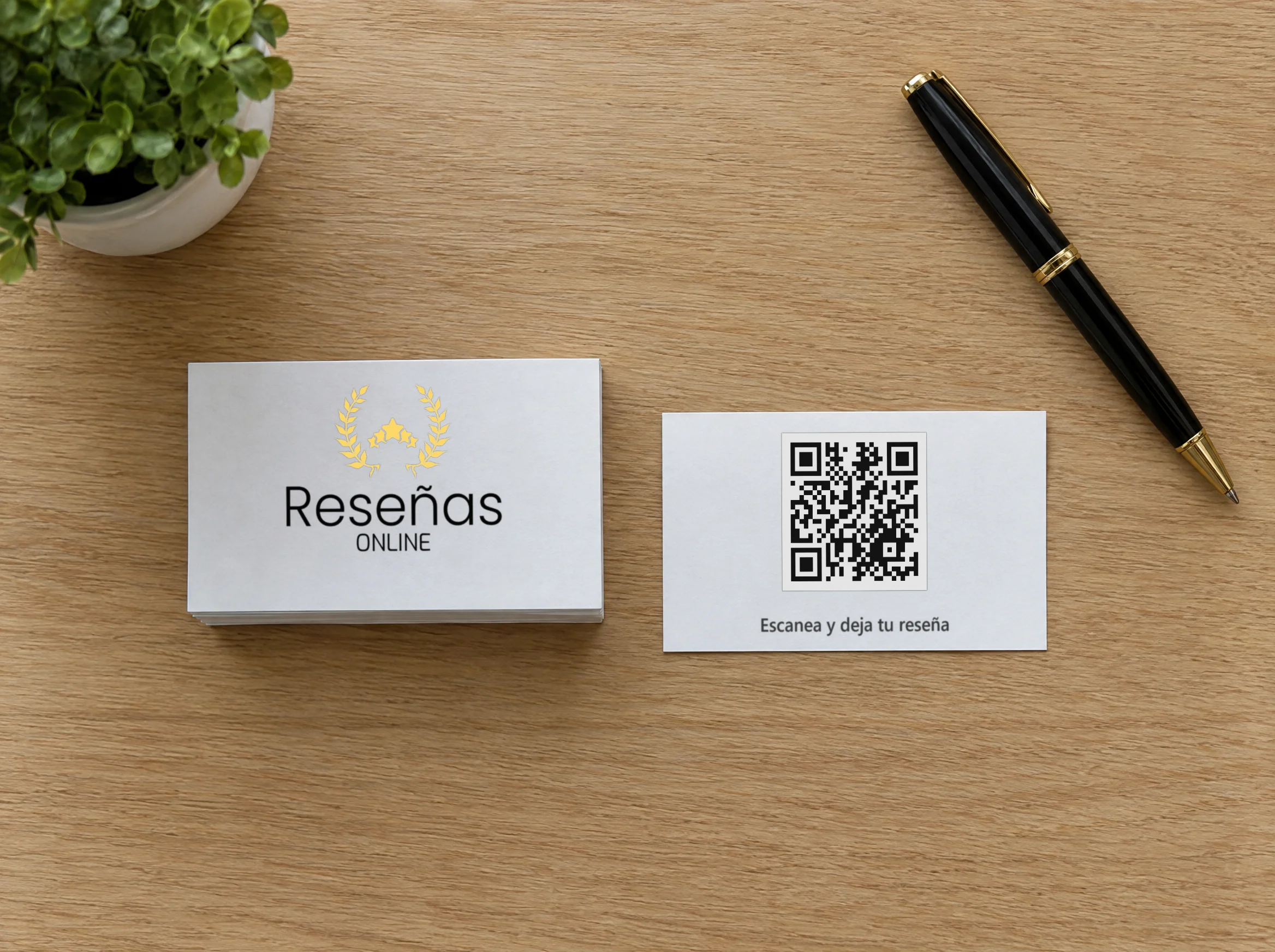 Tarjetas con el logo de Reseñas Online y un código QR para dejar una reseña